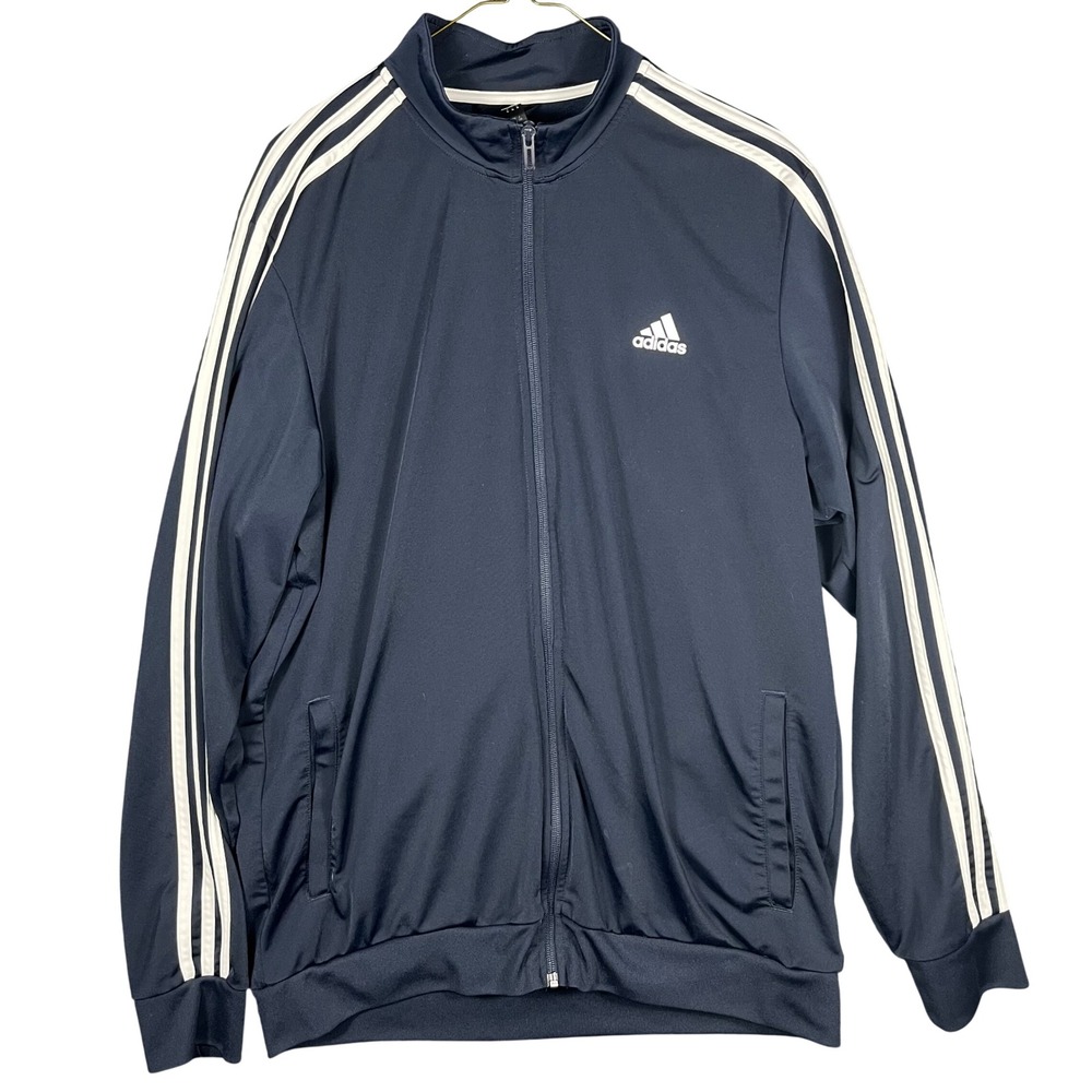 Adidas Track Jacket Mens XL Navy Blue Excellent 3 Stripe Full Zip Activewear